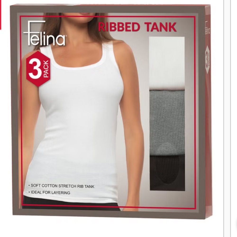 New in Box Felina Ribbed Tank 3-Pack — White, Gray & Black.
